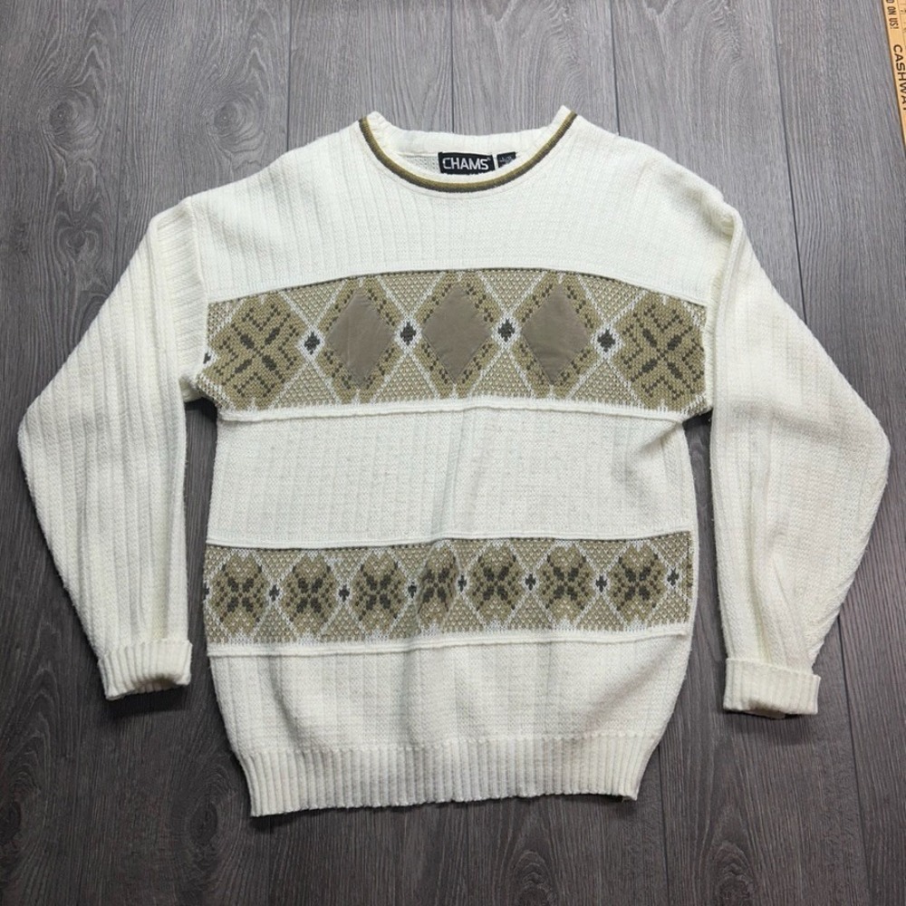 Vintage Chams Mens Cream Argyle Large Crewneck Sweater Faux Suede Patch